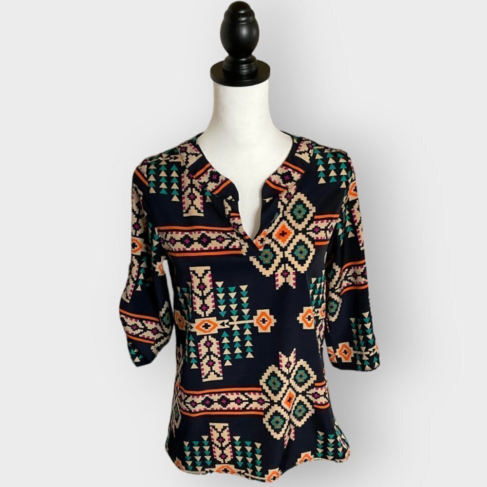 FREEWAY Tribal Bohemian Roll Tab Sleeve Blouse Size S